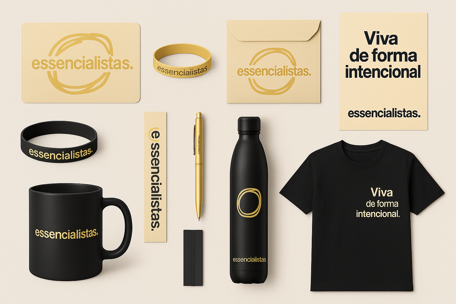 Produtos exclusivos Essencialistas - canecas, pulseiras, garrafas e camisetas